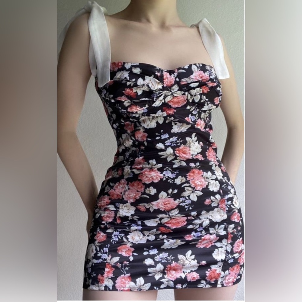 Floral Black Dress with White Tie Straps
